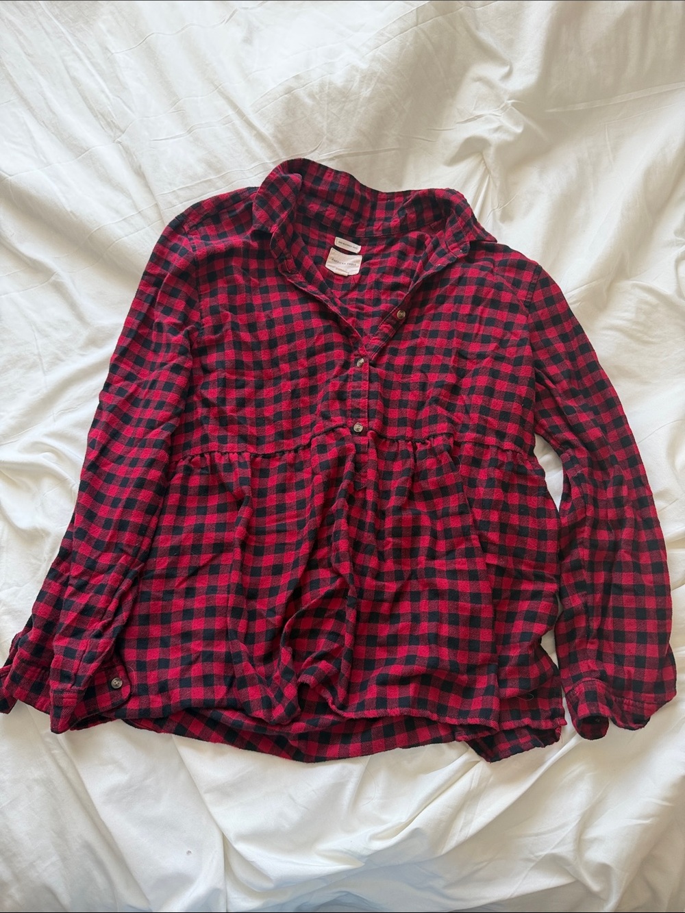 American Eagle Outfitters Red & Black Plaid Button-Front Peplum Blouse